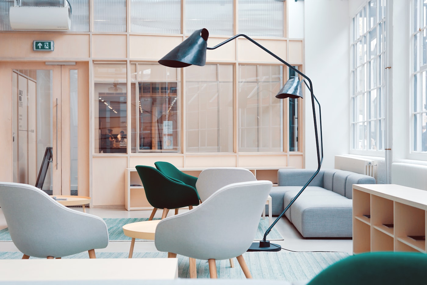 Calm, tidy office interior with warm natural light